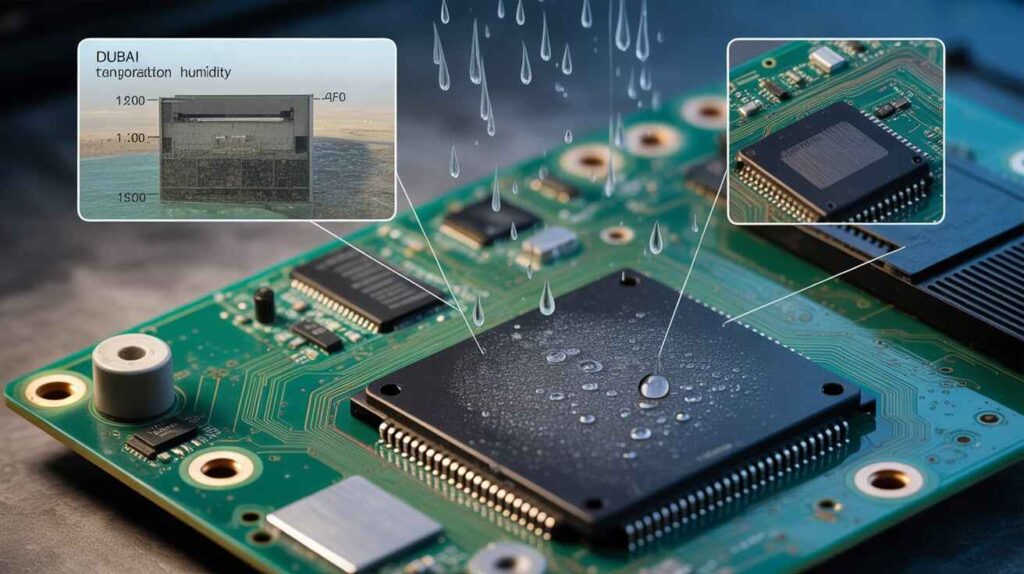 Diagram showing how Dubai humidity affects TV motherboards, causing moisture absorption, corrosion, short circuits, and display damage