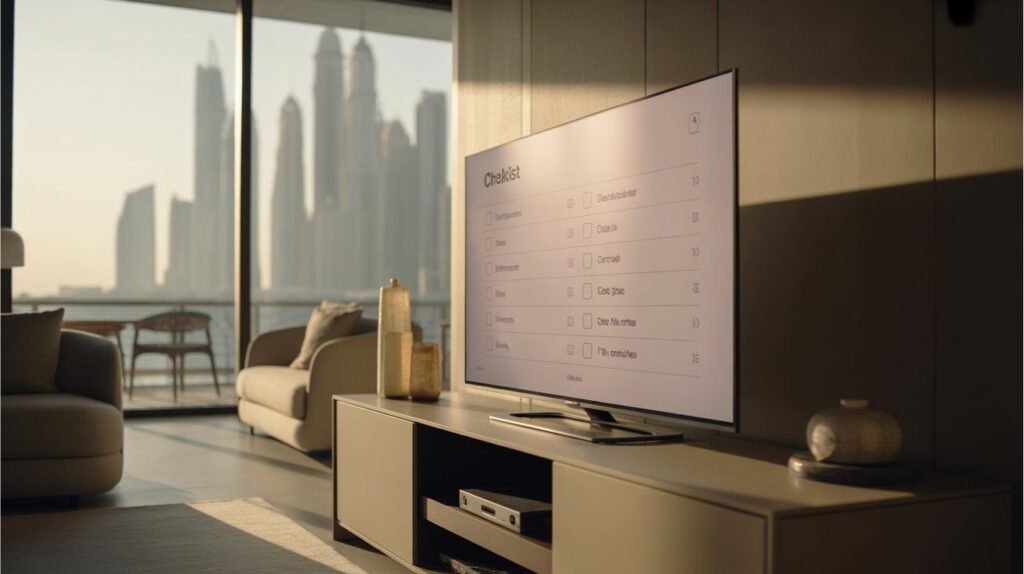 A Smart TV in a Dubai apartment displaying a performance improvement checklist