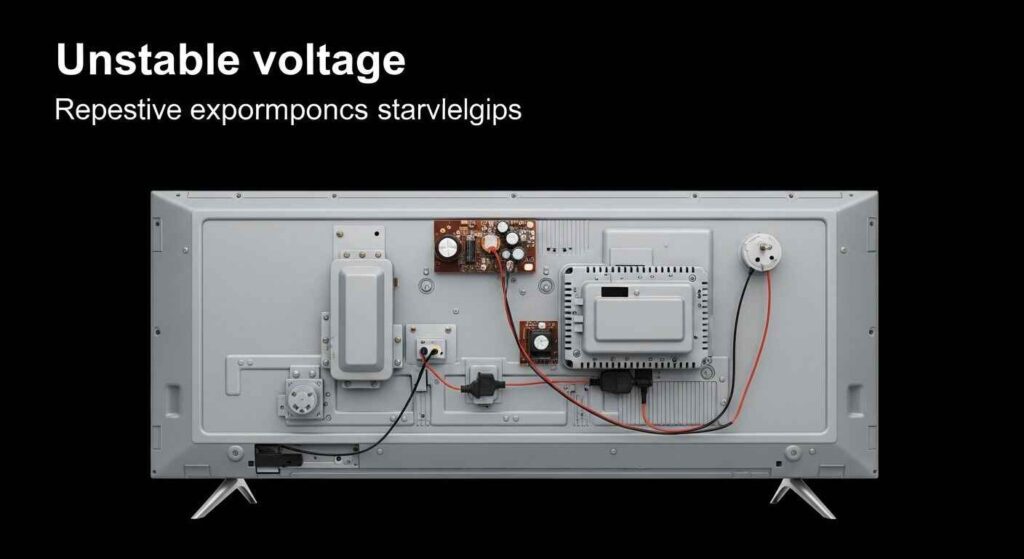Illustration of the risks to TVs from unstable voltage in Dubai, including flickering screens, capacitor damage, and shortened device lifespan.
