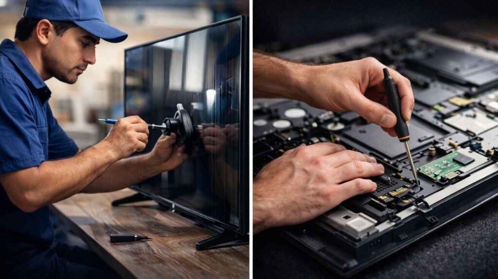 Technician carefully working on a QLED TV screen replacement, ensuring precise handling during the repair process.