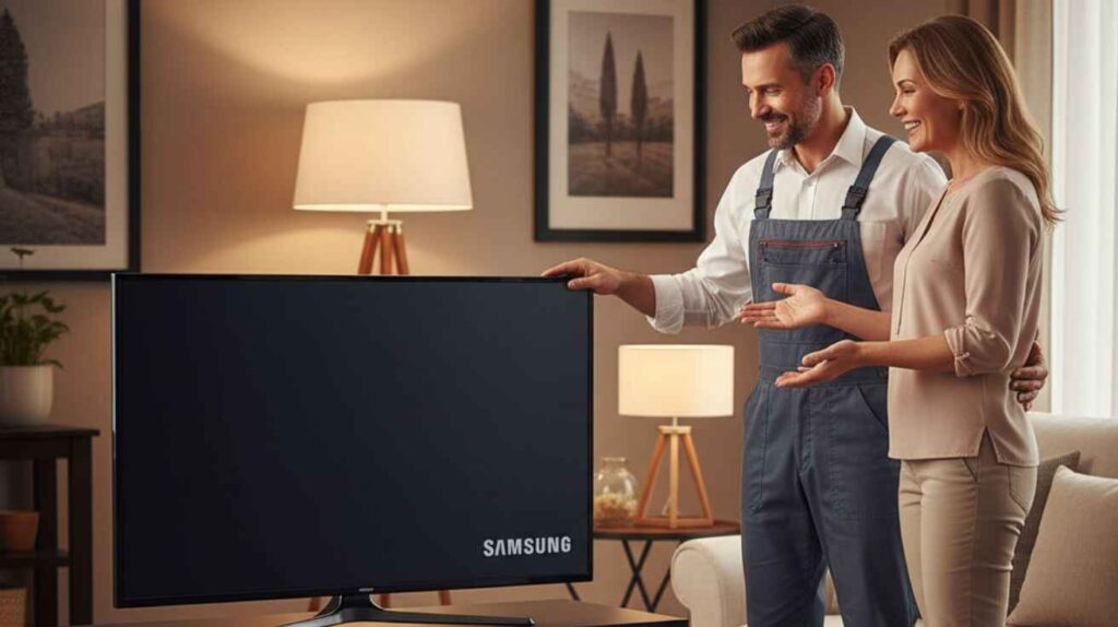 A happy customer receiving their repaired TV at home from a professional technician.