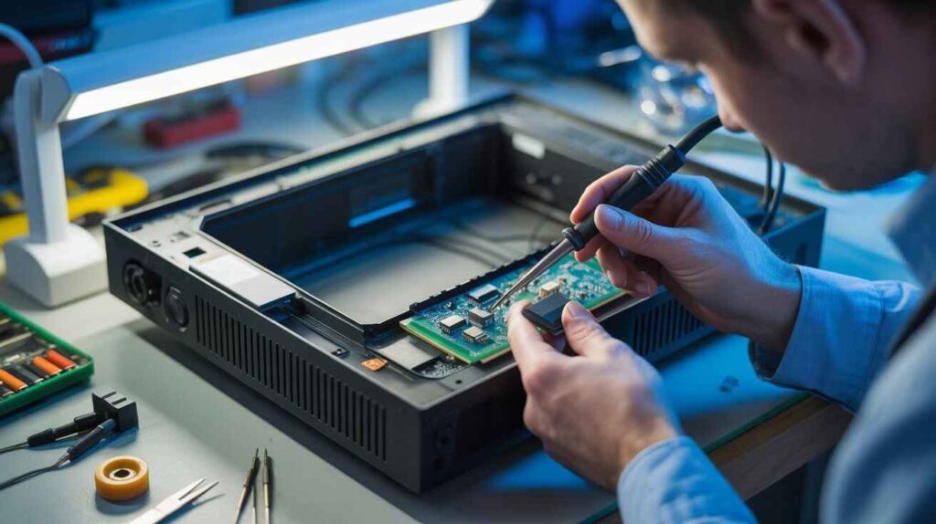  a professional technician repaired TV HDMI Port in Workshop.