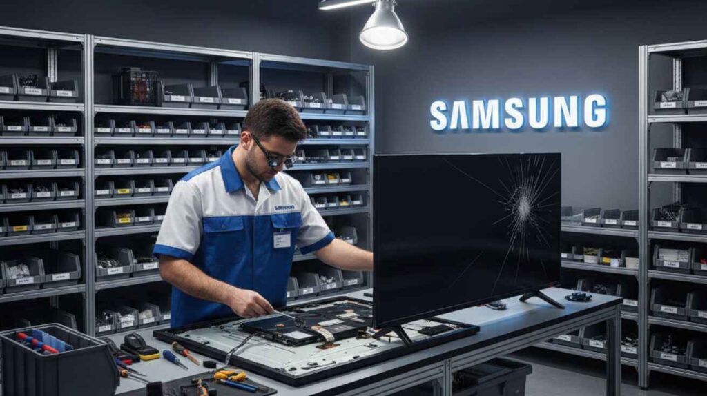 A professional technician working on a Samsung LED TV screen in a modern workshop.