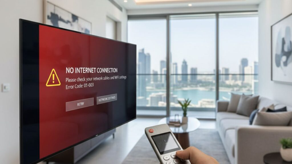 A close-up of a Smart TV screen showing a connectivity issue error message, with a technician's hand holding a remote control in a modern Dubai Marina home.