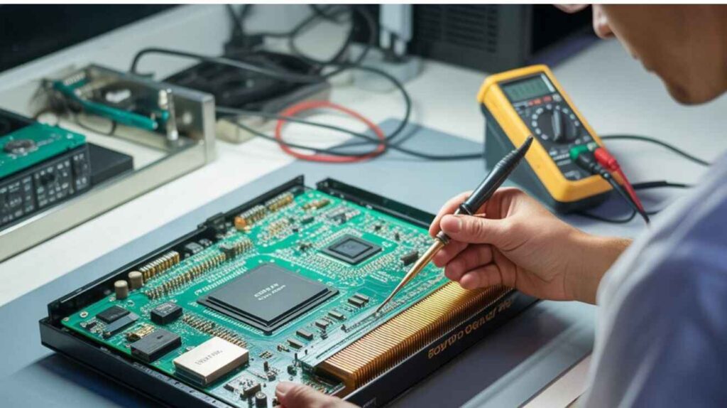 A Techinan repair sony BRAVIATV Power Brand in a modern workshop.