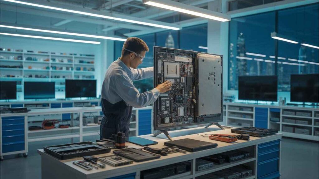 Experienced technicians repairing display and connectivity problems on an Android Smart TV in Dubai.