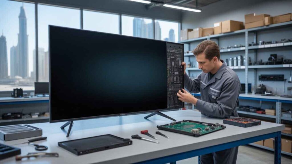  A technician is repairing a modern Smart TV in a well-equipped workshop in Dubai. 