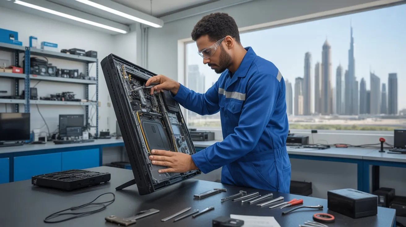 Technician repairing a flat-screen television in a modern workshop with Dubai skyline visible through the window.