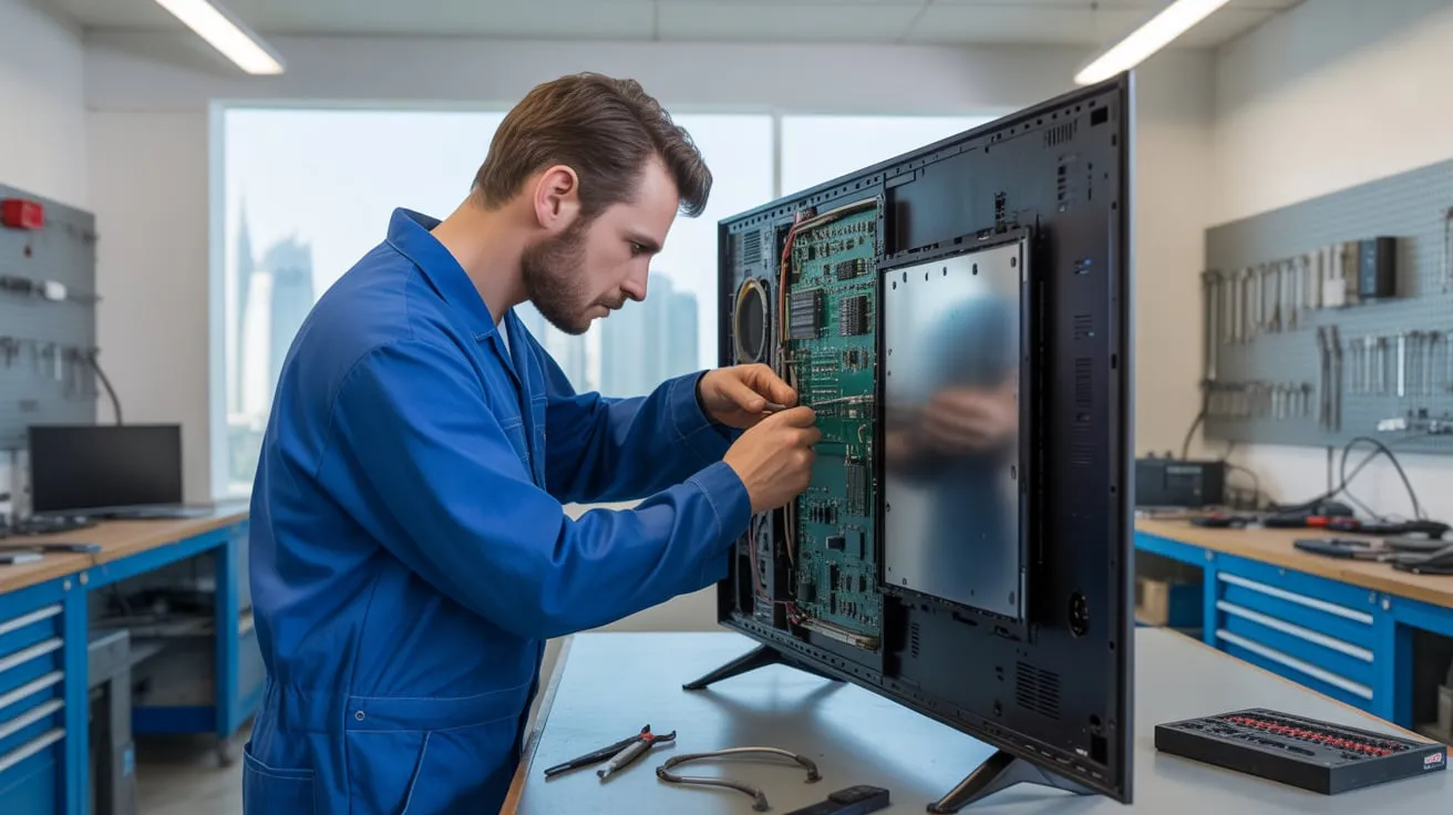 Technician repairing the circuit board of a flat-screen TV during TV repair in Dubai