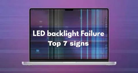 a LED screen with the text "LED backlight Failure Top 7 signs" overlaid on a background that visually represents a faulty screen. The background image appears to have vertical colored lines and pixelation, suggesting a display malfunction. The LED itself is silver or gray.