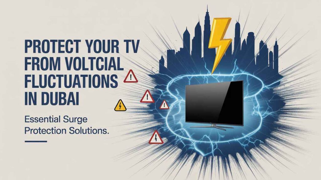 Guide showing how to protect your TV from voltage fluctuations in Dubai using surge protectors, voltage stabilizers, UPS, and proper grounding for safe operation.