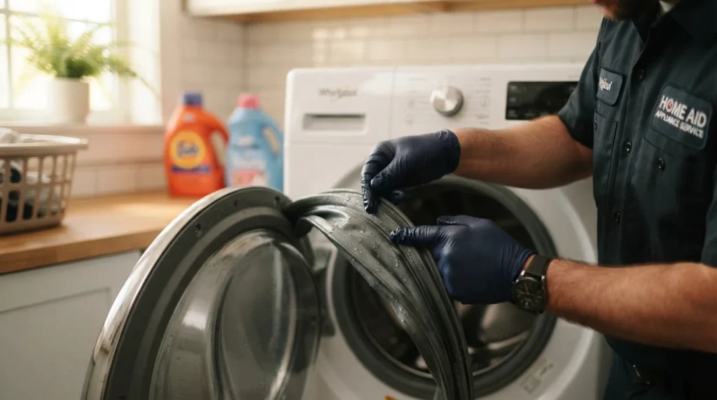Appliance repair technician checking the rubber gasket of a washing machine leaking water in Dubai
