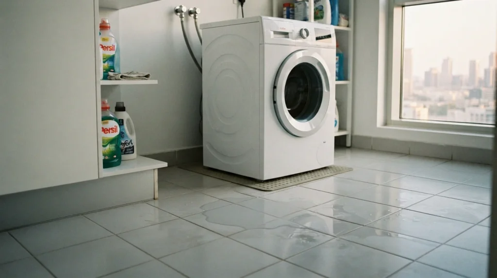 Puddle of water around a front-load washing machine leaking water on tiled floor in a Dubai apartment