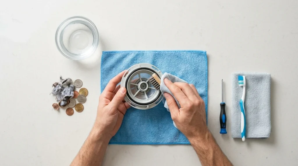 Top-down view of a technician cleaning a lint-filled washing machine pump filter during a Washing Machine Repair maintenance routine.