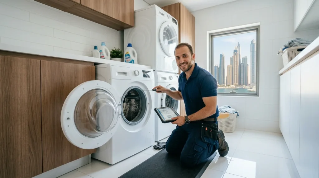 Professional technician holding a digital tablet and screwdriver while servicing a front-load washing machine repair in Dubai apartment.
