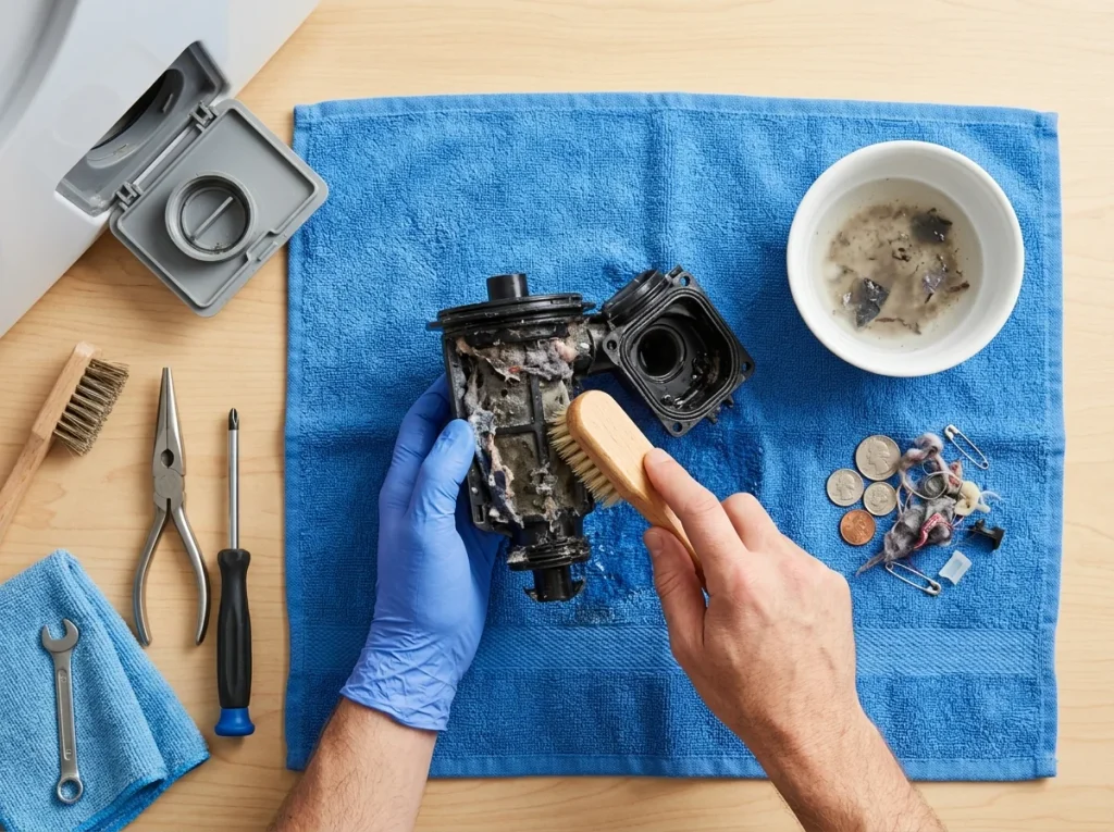Technician cleaning a clogged washing machine drain pump filter during washing machine repair near me