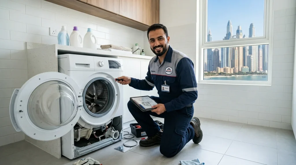 Expert technician kneeling next to an open front-load washing machine for washing machine repair near me in JVC.