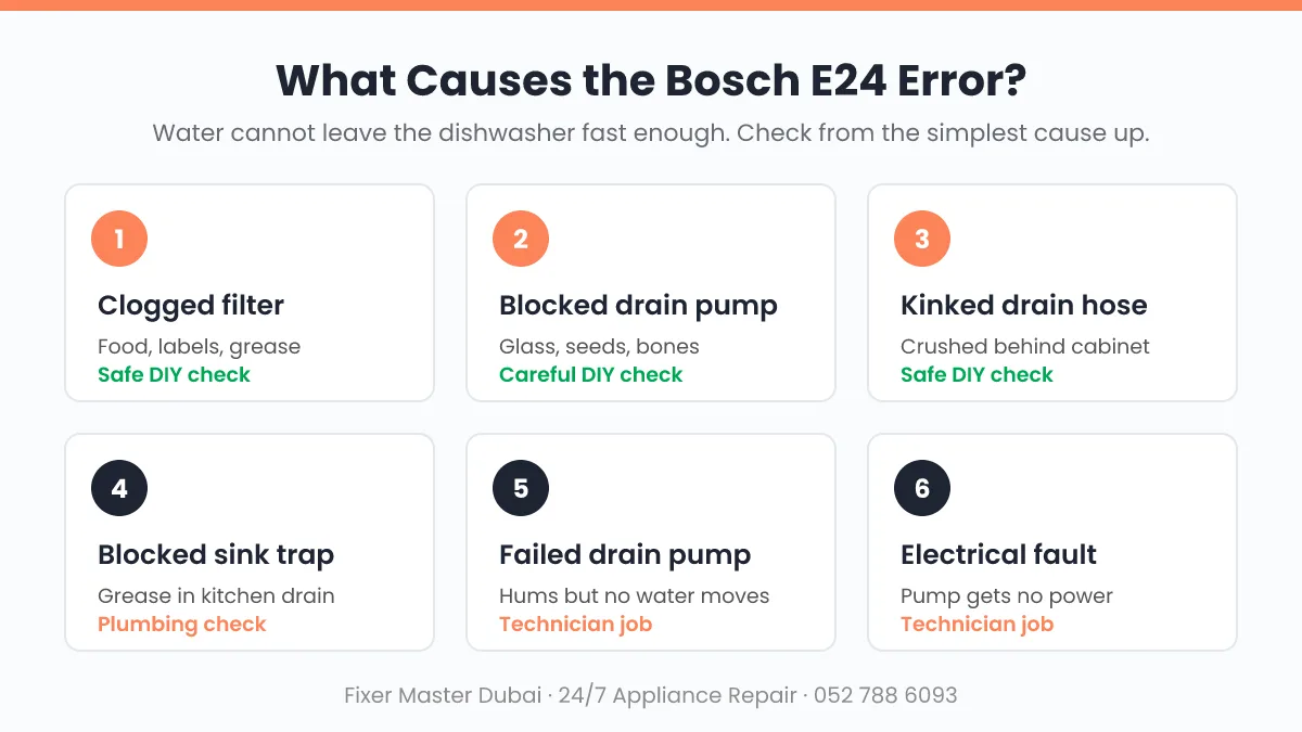Causes of the Bosch dishwasher E24 error: clogged filter, blocked drain pump, kinked hose and sink trap