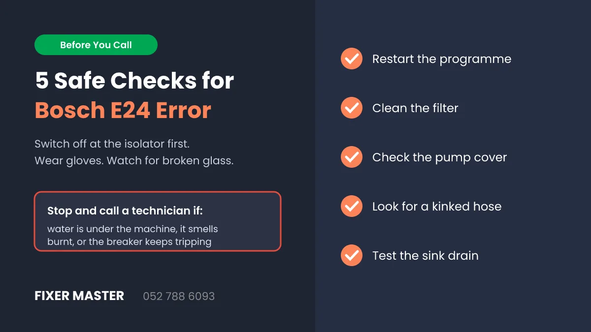 Safe checks before calling a technician about a Bosch dishwasher E24 error in Dubai