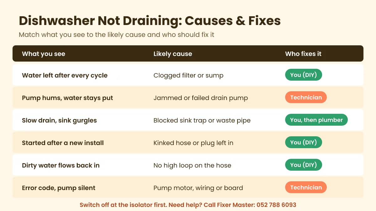 Dishwasher not draining causes and fixes chart: clogged filter, jammed drain pump, blocked sink trap and kinked hose
