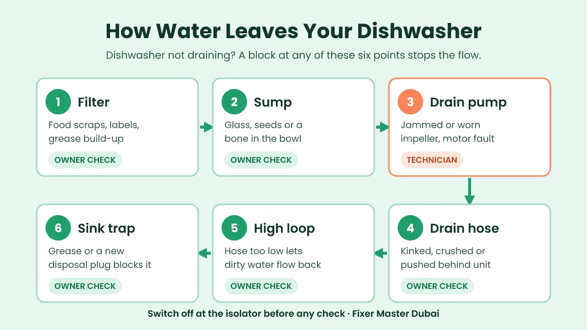 Dishwasher not draining drain path diagram showing the filter, sump, drain pump, drain hose, high loop and sink trap