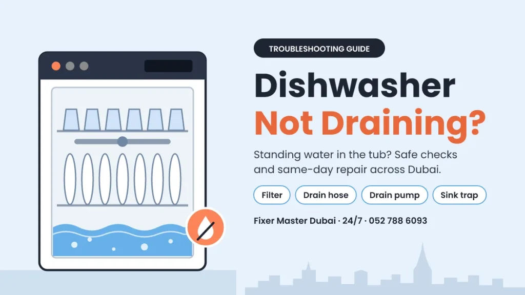 Dishwasher not draining in Al Warqa, Dubai: standing water in the tub, with filter, drain hose, drain pump and sink trap checks by Fixer Master