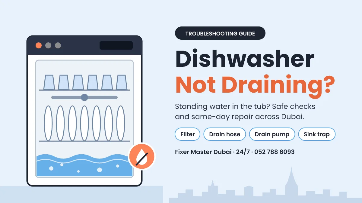 Dishwasher not draining in Al Warqa, Dubai: standing water in the tub, with filter, drain hose, drain pump and sink trap checks by Fixer Master
