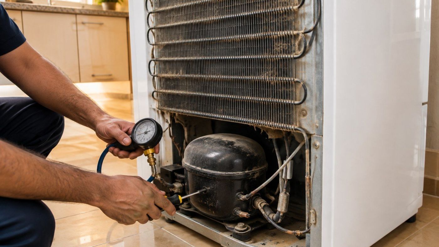 Fridge not cooling repair in Dubai - technician testing compressor and condenser coils at the back of a fridge