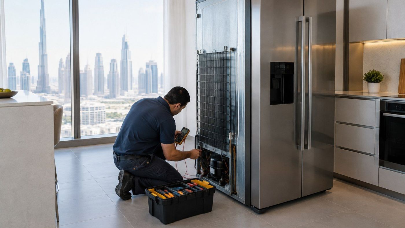 Fridge repair near me in Dubai - technician checking a refrigerator in a modern Dubai apartment kitchen