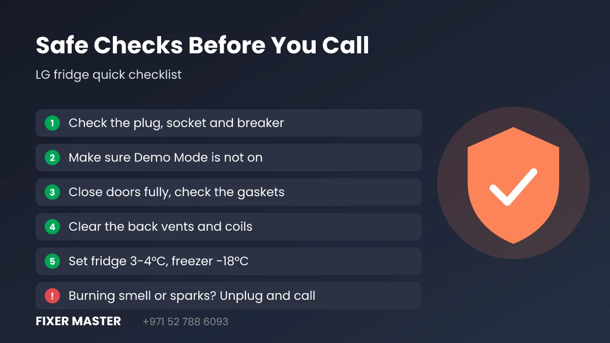 Safe LG refrigerator checks before calling a technician in Dubai