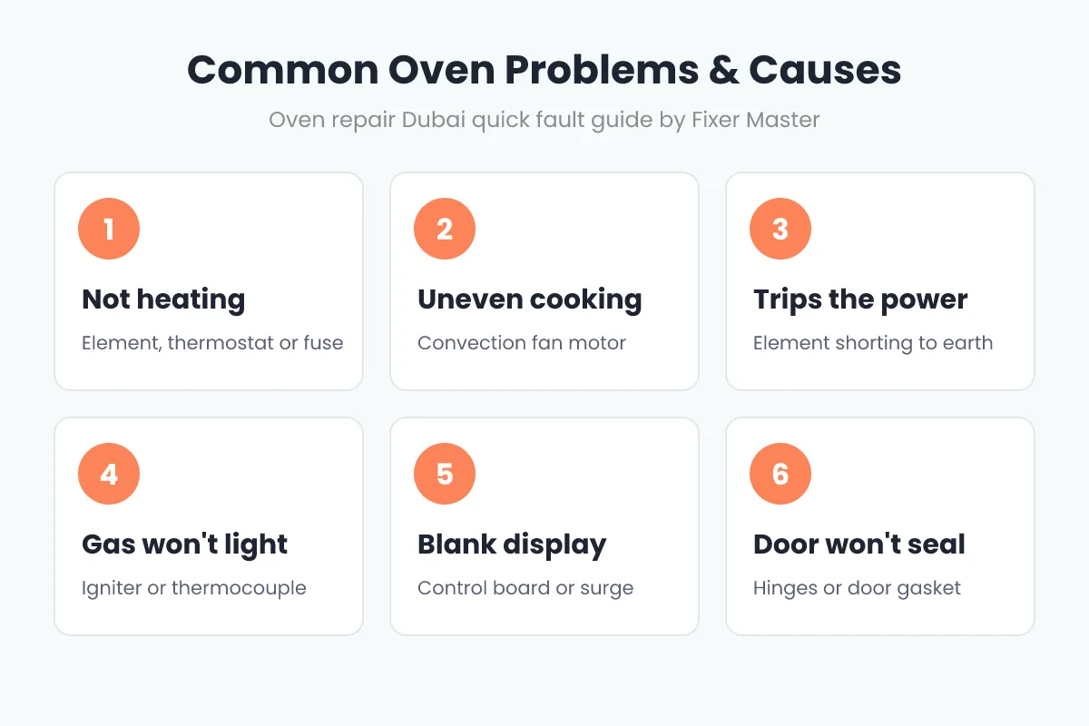 Oven not heating causes chart: heating element, thermostat, fan motor, igniter, control board and door seal