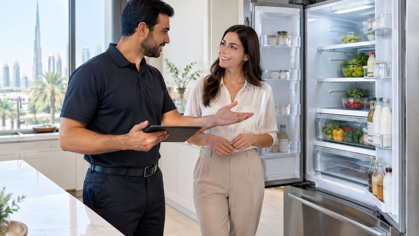 Same-day home fridge repair service in Dubai - friendly technician explaining the repair to a homeowner