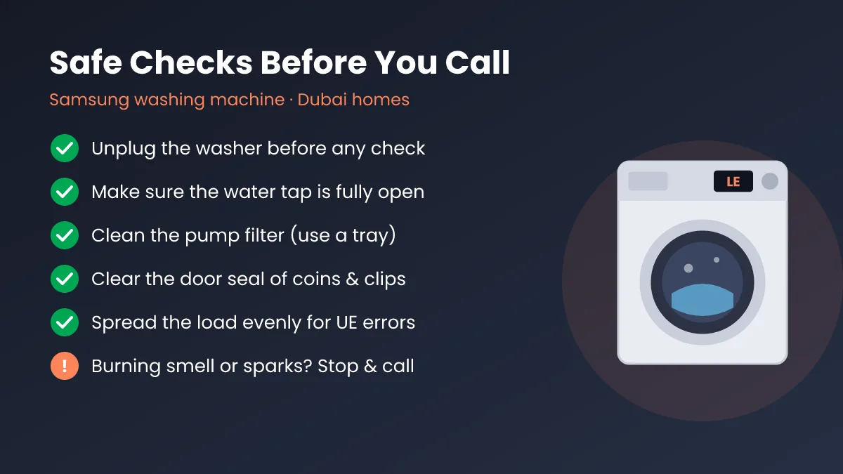 Safe checks before Samsung washer repair in Dubai homes