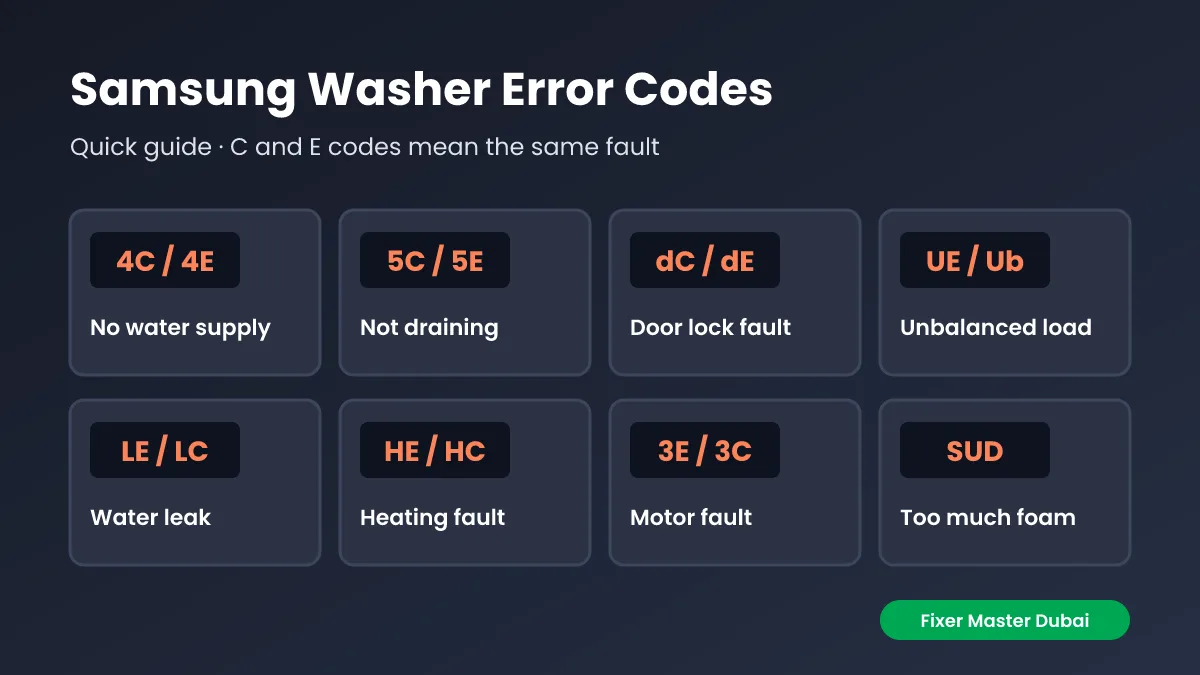 Samsung washing machine error codes 4C 5C dC UE LE HE chart