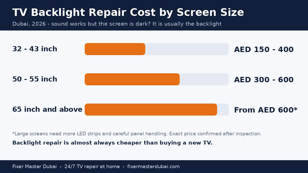 TV backlight repair cost in Dubai by screen size: 32-43 inch AED 150-400, 50-55 inch AED 300-600, 65 inch and above from AED 600