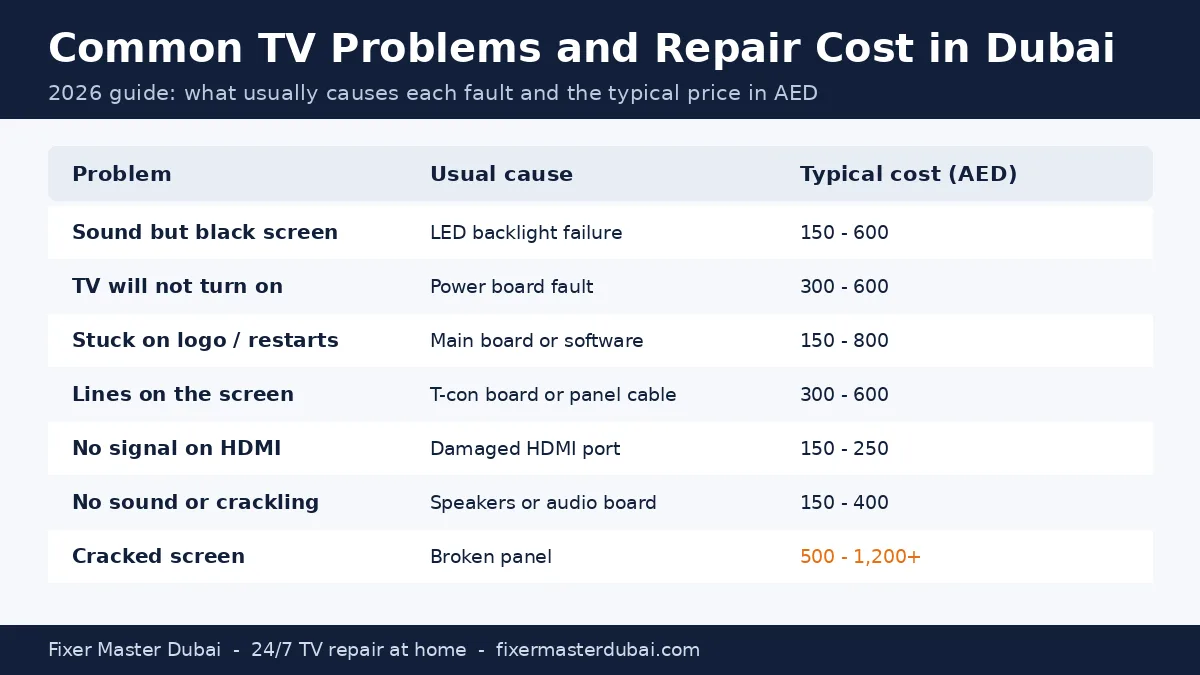 Common TV problems and repair cost in Dubai 2026: black screen backlight AED 150-600, power board AED 300-600, HDMI AED 150-250, cracked screen AED 500-1,200+