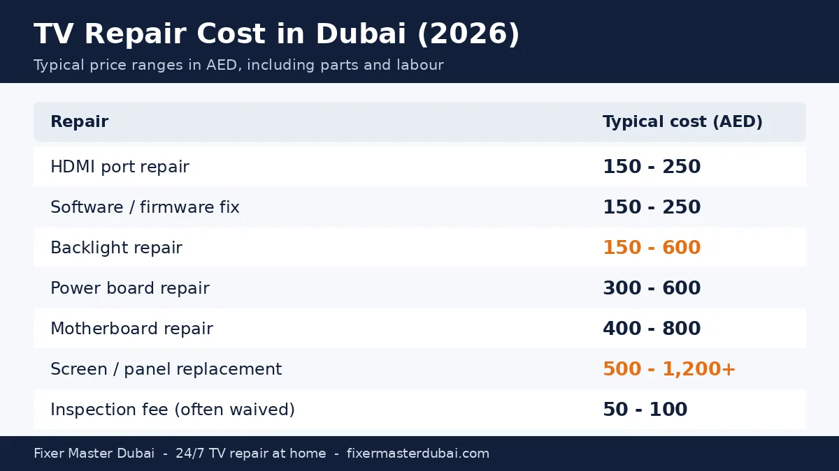 TV repair cost in Dubai 2026 price table: HDMI AED 150-250, backlight AED 150-600, motherboard AED 400-800, screen replacement AED 500-1,200+