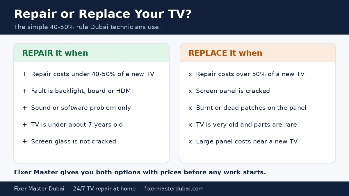 Repair or replace your TV in Dubai: repair when cost is under 40-50% of a new TV, replace when the screen panel is cracked
